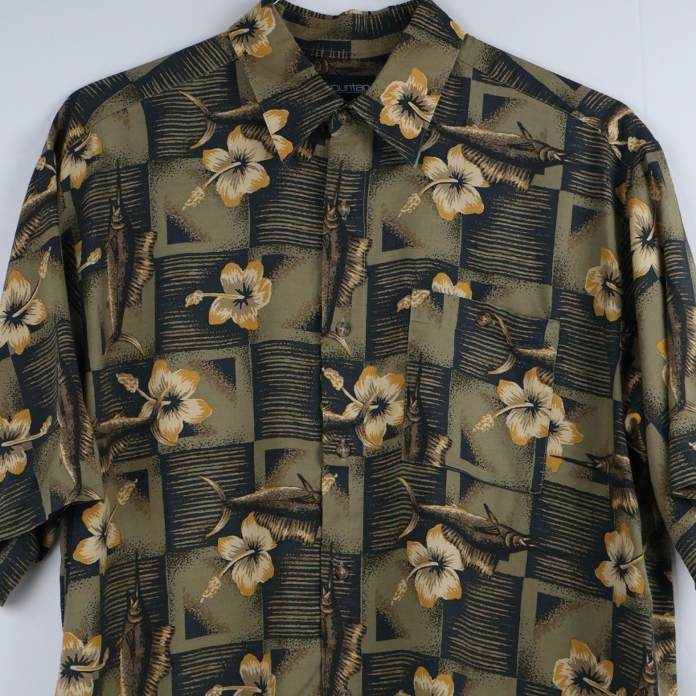VTG Puritan Mens‎ Large Hawaiian Shirt Olive Green Marlin Hibiscus Rayon Aloha L
